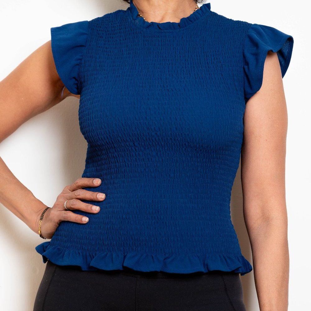 AQUA Blue Ruffle Trim Cap-Sleeved Smocked Top, Size S